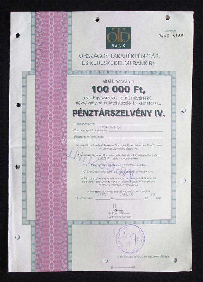 Orsz�gos Takar�kp�nzt�r (OTP) p�nzt�rszelv�ny IV. 100000 forint 1995
